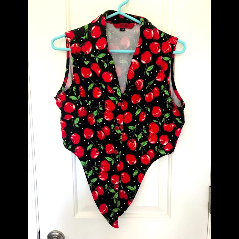 Banned Black Cherry Print Retro Tie front Button Down Sleeveless Crop Top size L